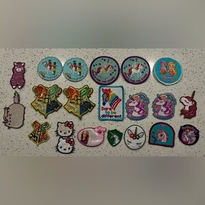 21 New/Used Potter Unicorn Pusheen Hello Kitty Barbie Girl Scout Patches Badges